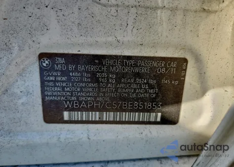 2011 BMW 328 I из США, поврежденный, VIN WBAPH7C57BE851853